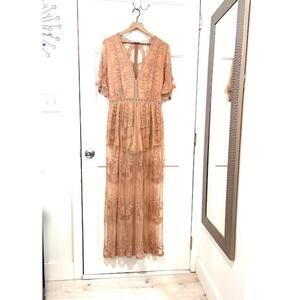 Magnolia Boutique Boho Lace Mesh Maxi Romper Sz S/M Nude Overlay Romantic Dress